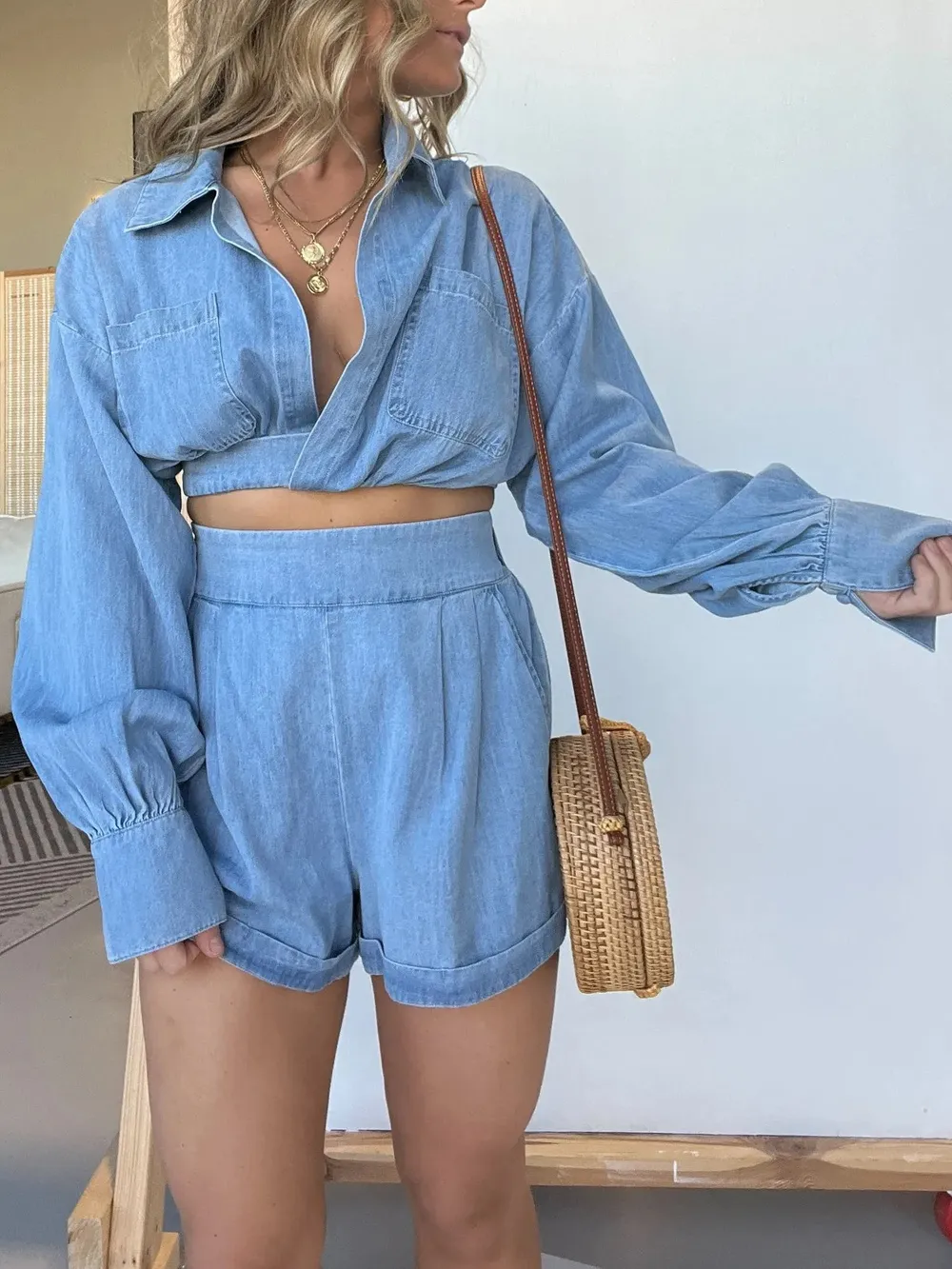 Full Size Long Sleeve Top and Shorts Denim Set Plus Size, image 5