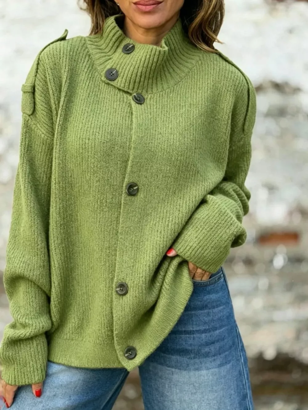 Full Size Button-Up Mock Neck Cardigan Plus Size, image 5