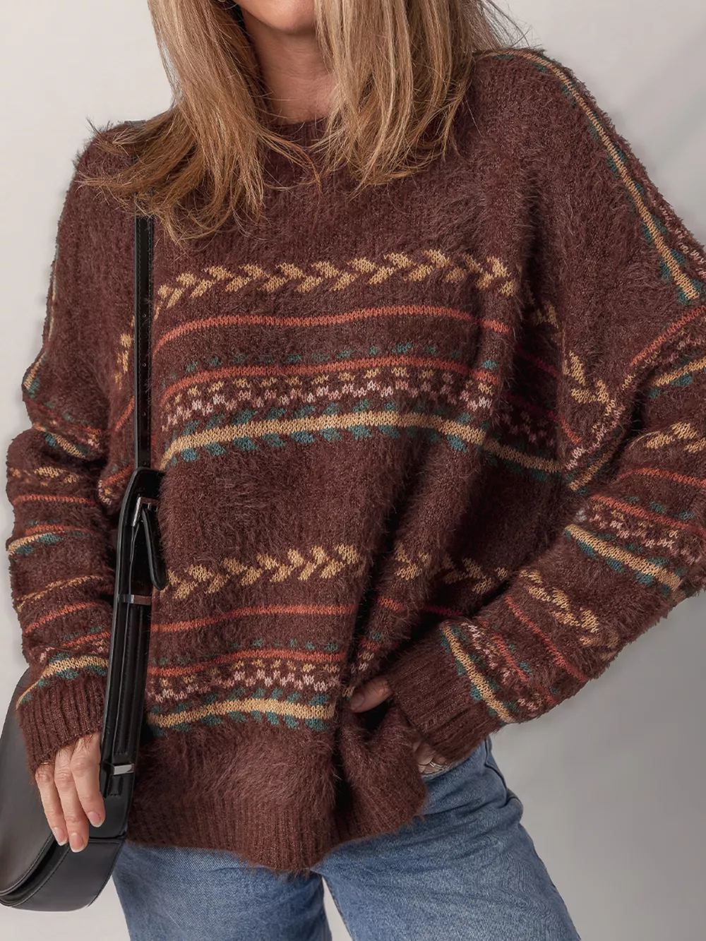 Ethnic Pattern Mohair Knitted Drop Shoulder Sweater, image 2