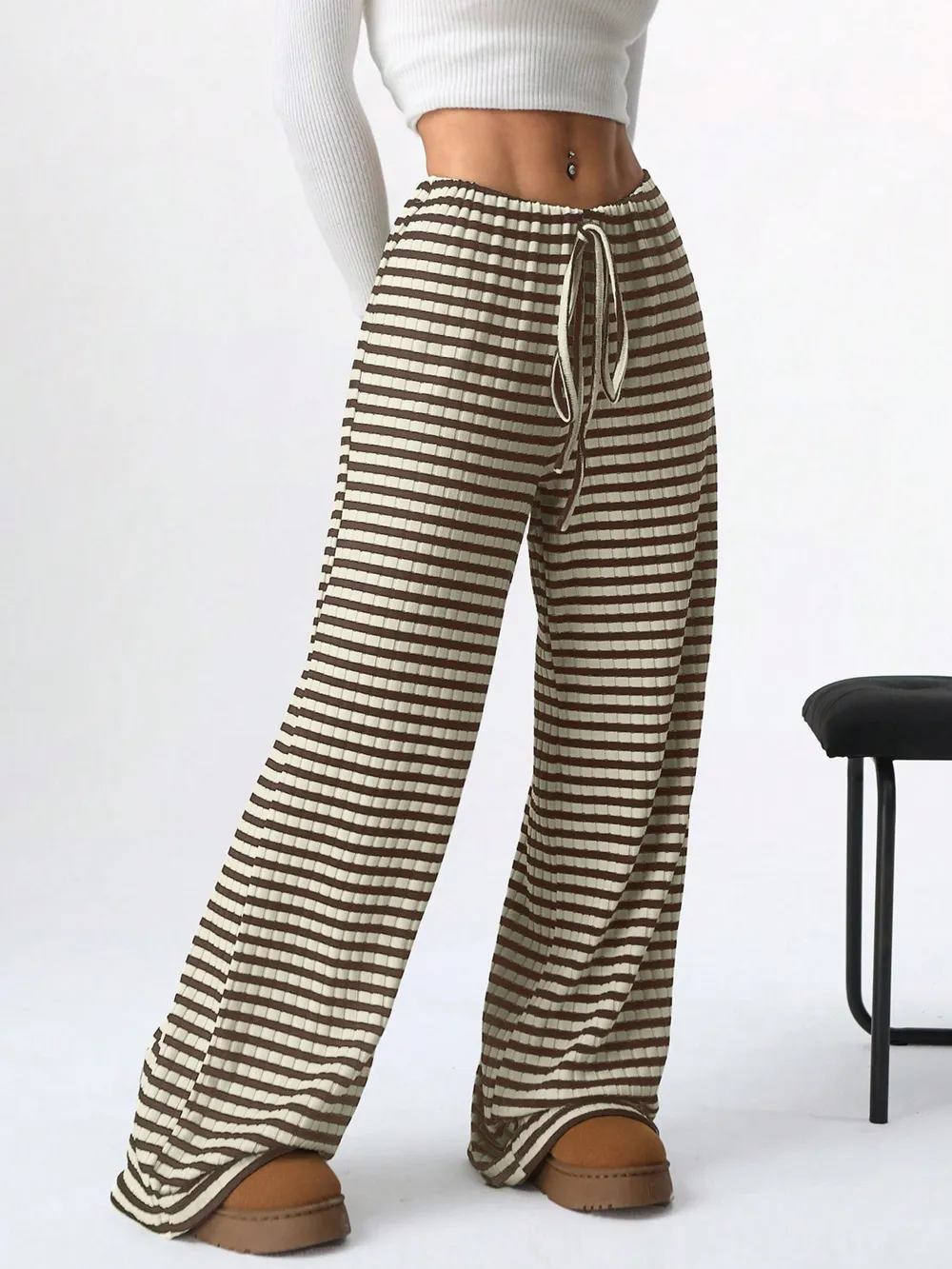 Striped Wide Leg Drawstring Pants, image 2