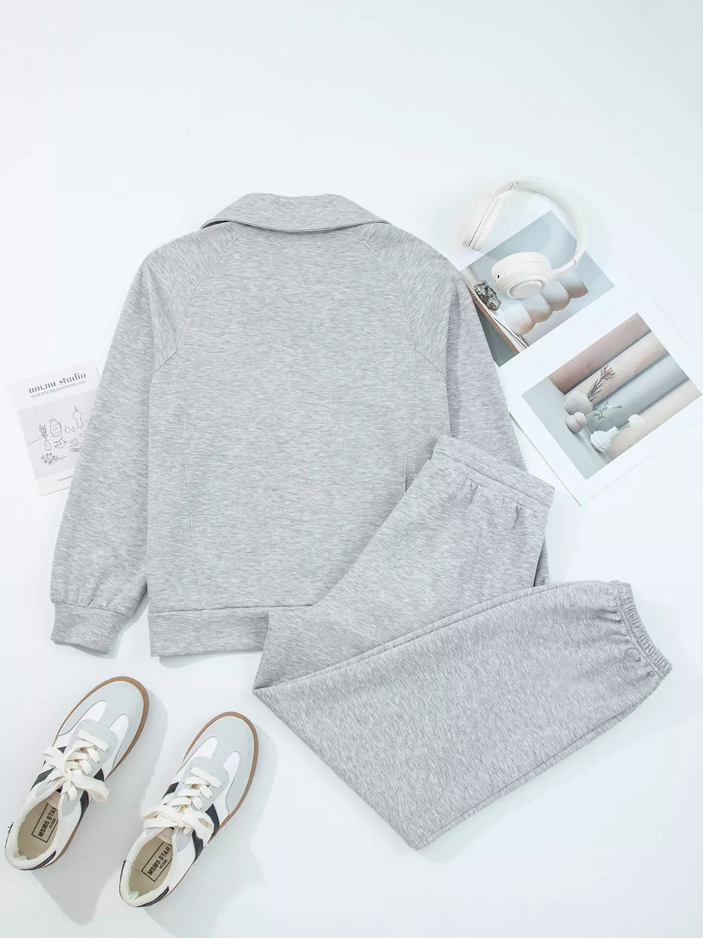 Zip Collar Long Sleeve Top and Drawstring Pants Set, image 3