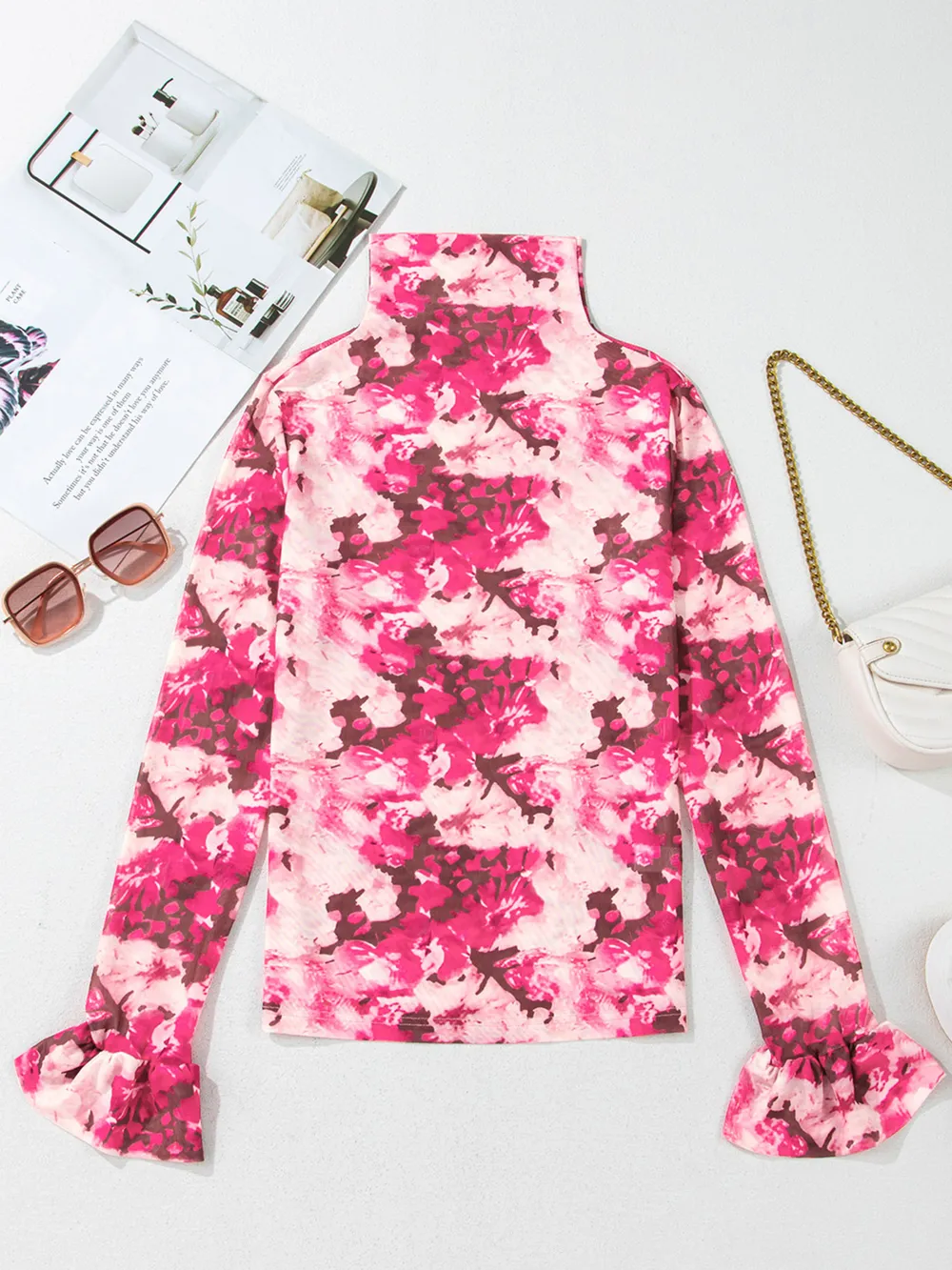 Floral Mesh Flounce Sleeve Mock Neck Blouse, image 6