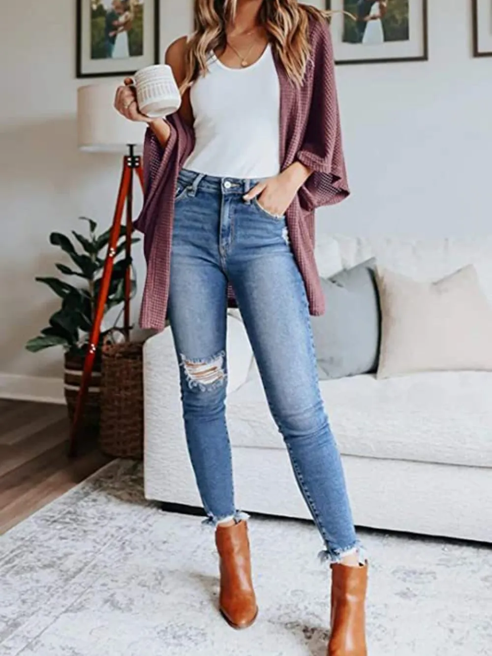 Full Size Open Front Waffle Knit Cardigan Plus Size, image 2
