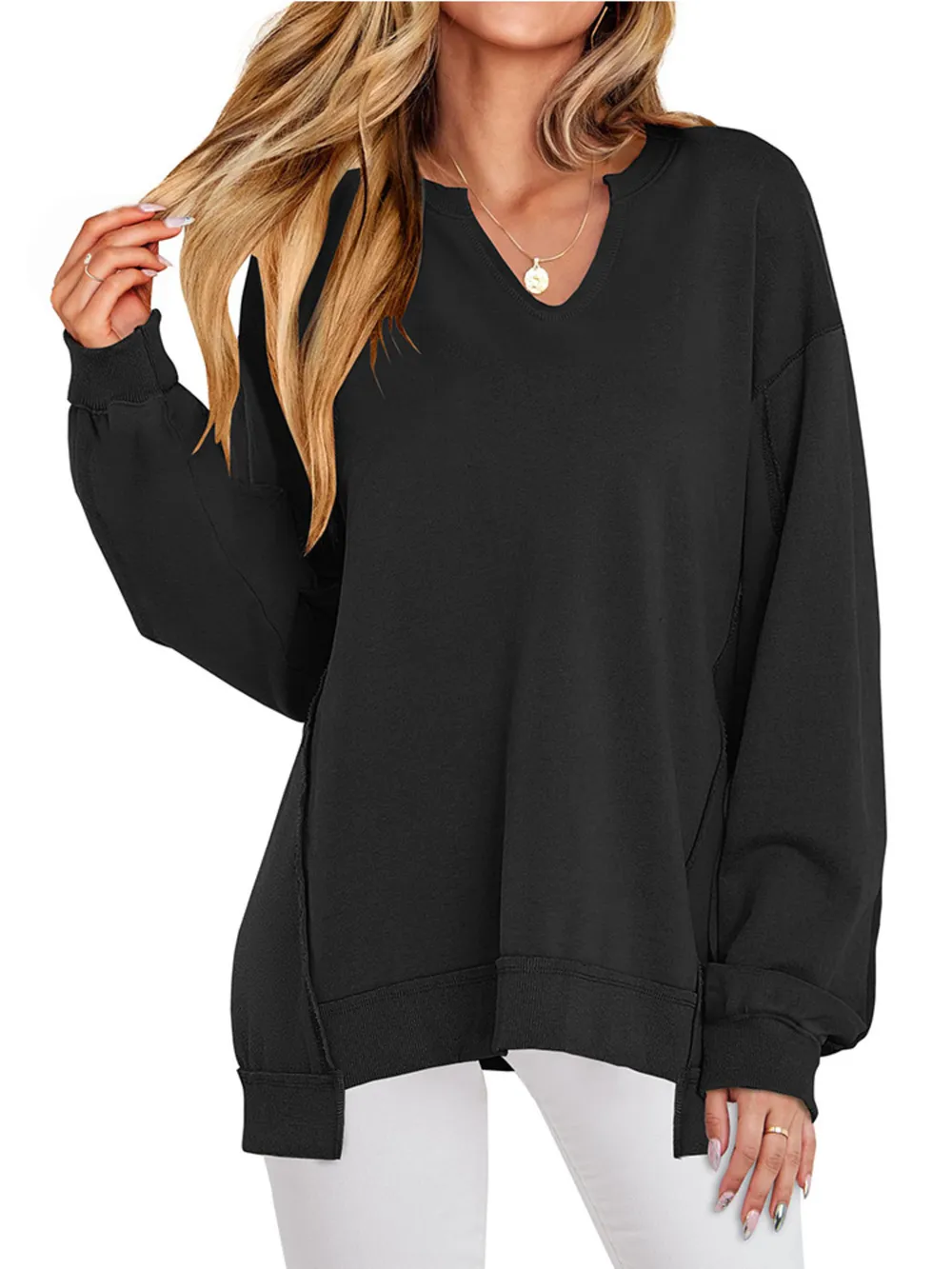 Notched Long Sleeve Oversized Sweatshirt