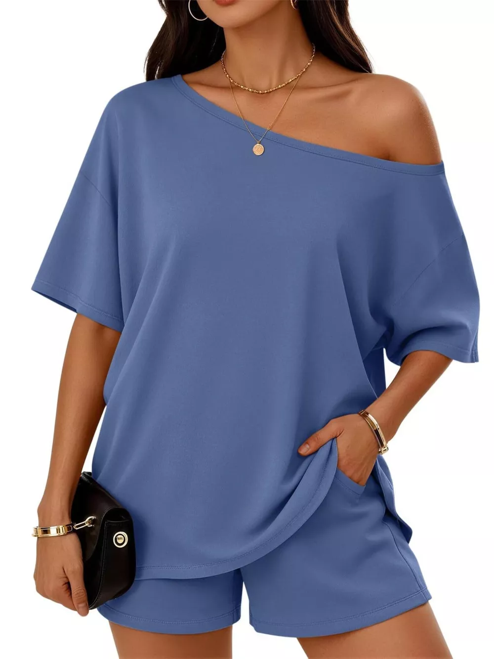 One-Shoulder Short Sleeve Top and Shorts Set, image 9