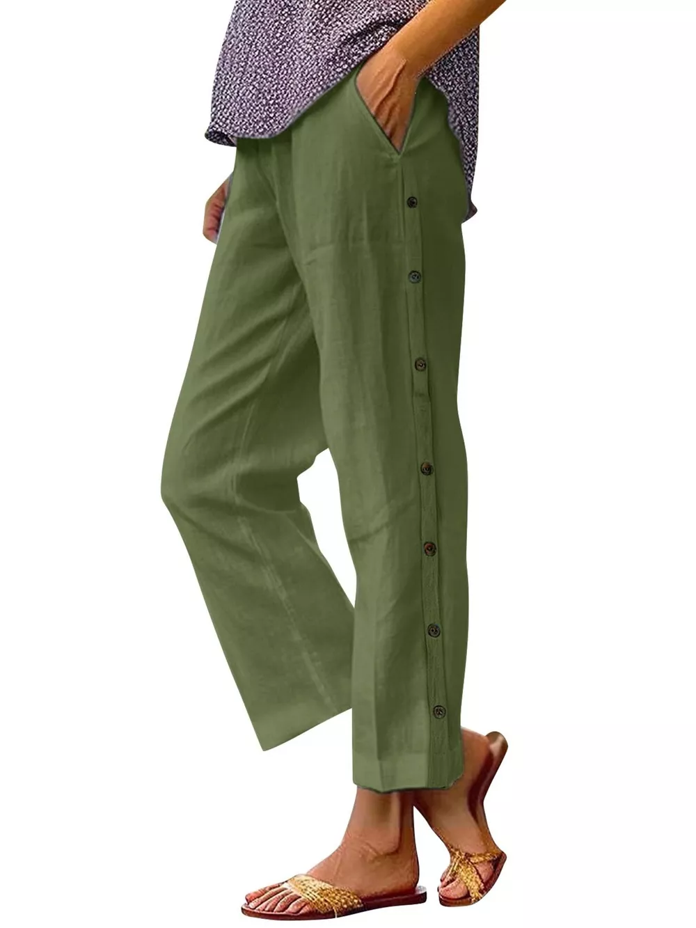 Full Size Side Button Decor Pants Plus Size, image 13