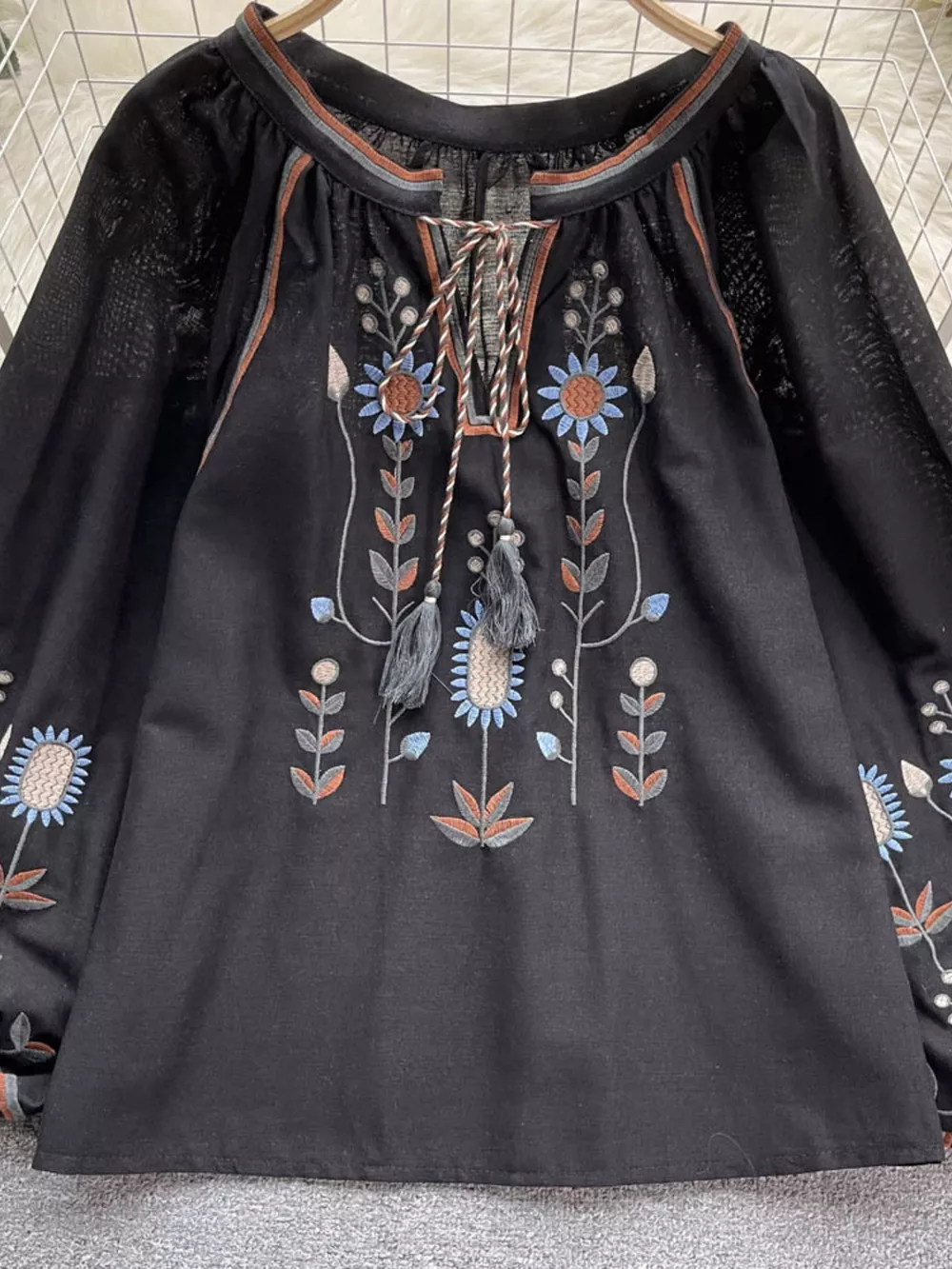 Embroidered Tie Neck Blouse, image 5