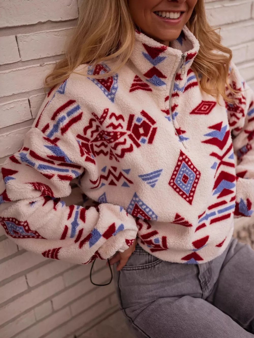Geometric Pattern Fleece Sweatshirt