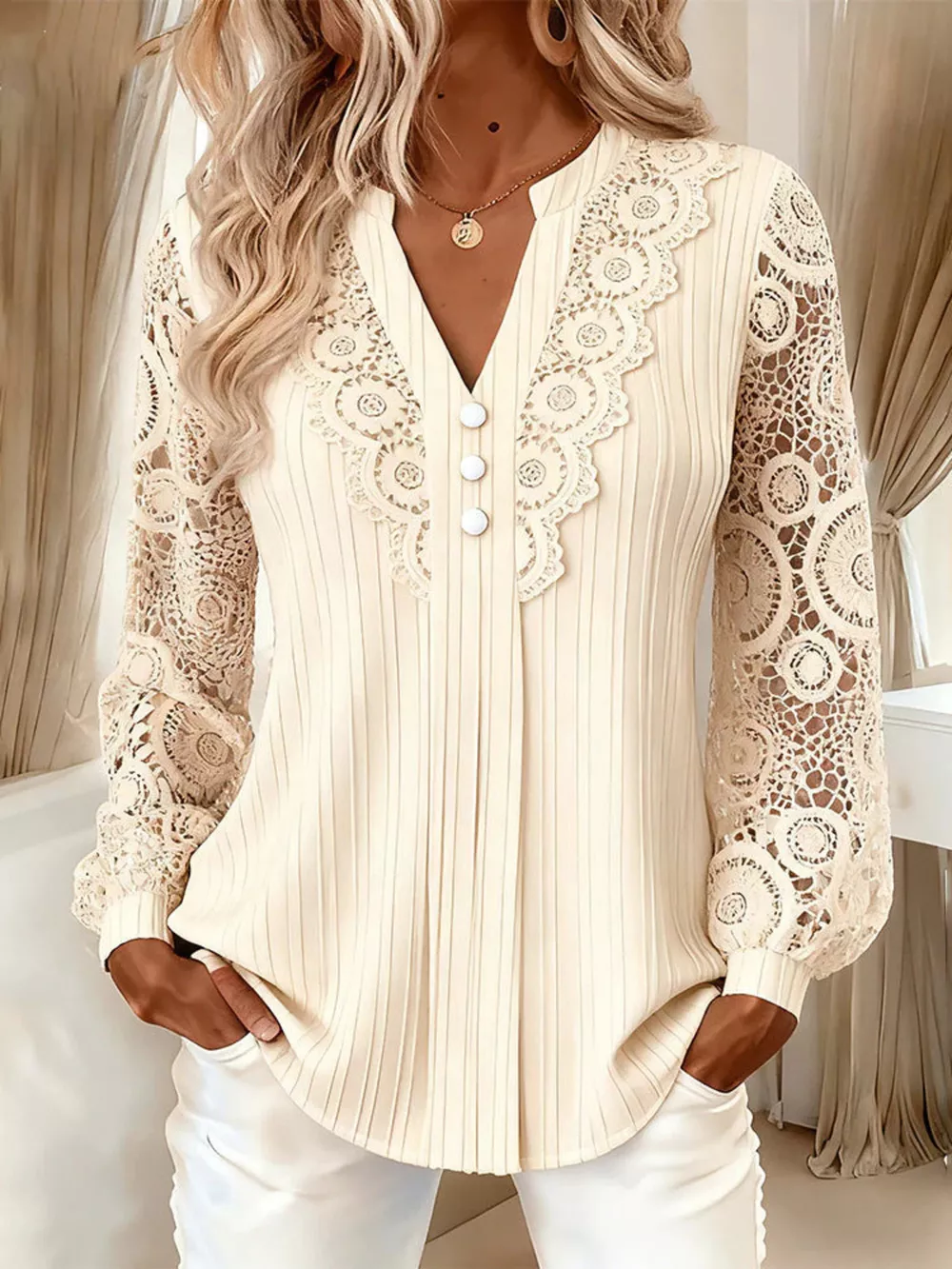 Lace Long Sleeve Notched Blouse, image 5