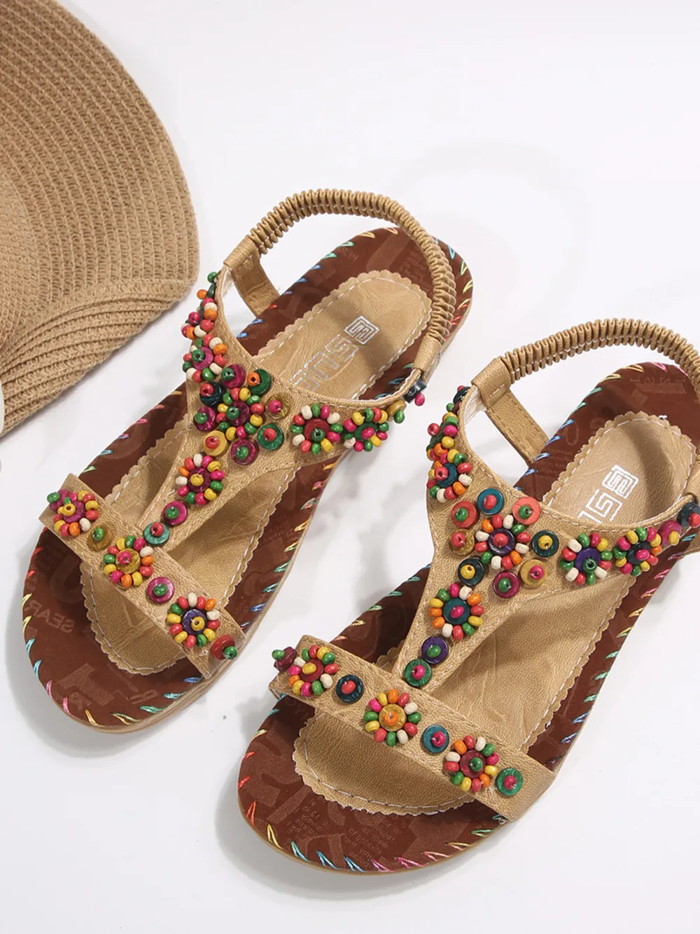 Beaded T-Strap Flat Sandals, image 5