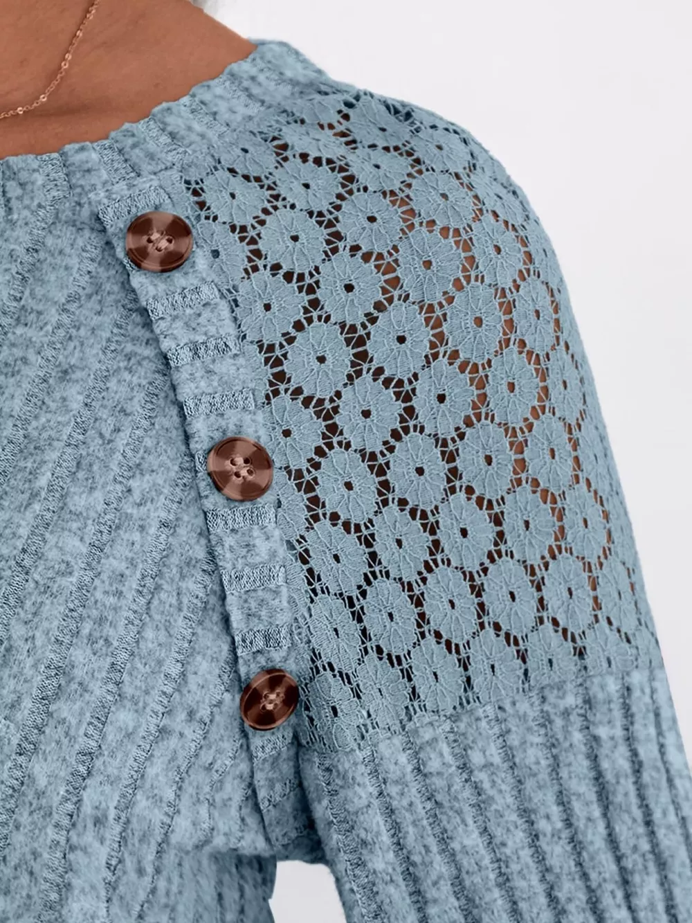 Ribbed Knit T-Shirt with Lace Shoulder Detail, image 2