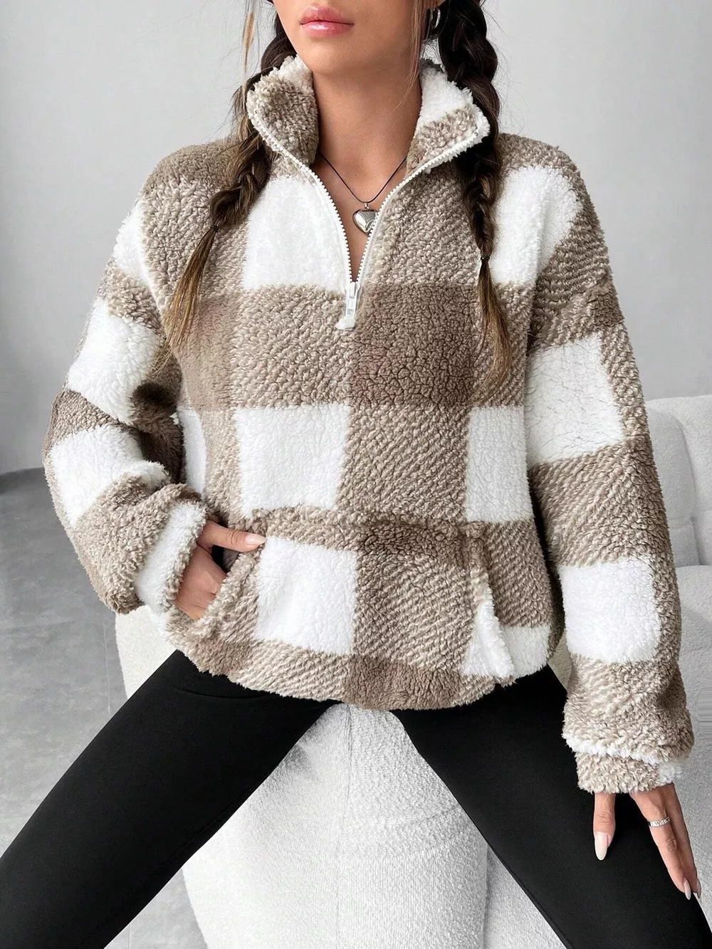 Full Size Plaid Sherpa Long Sleeve Sweatshirt Plus Size, image 3