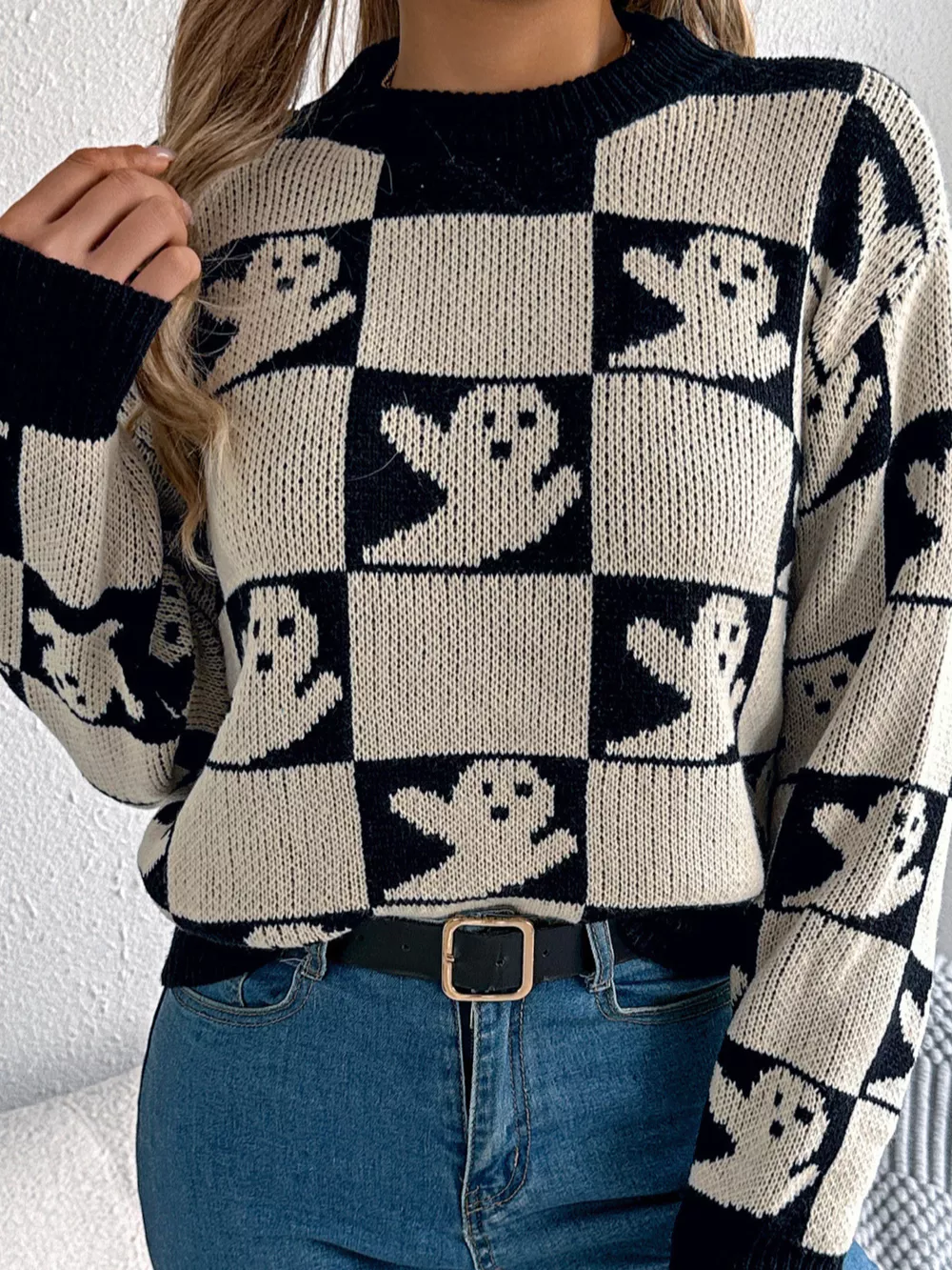 Checkerboard Halloween Graphic Sweater