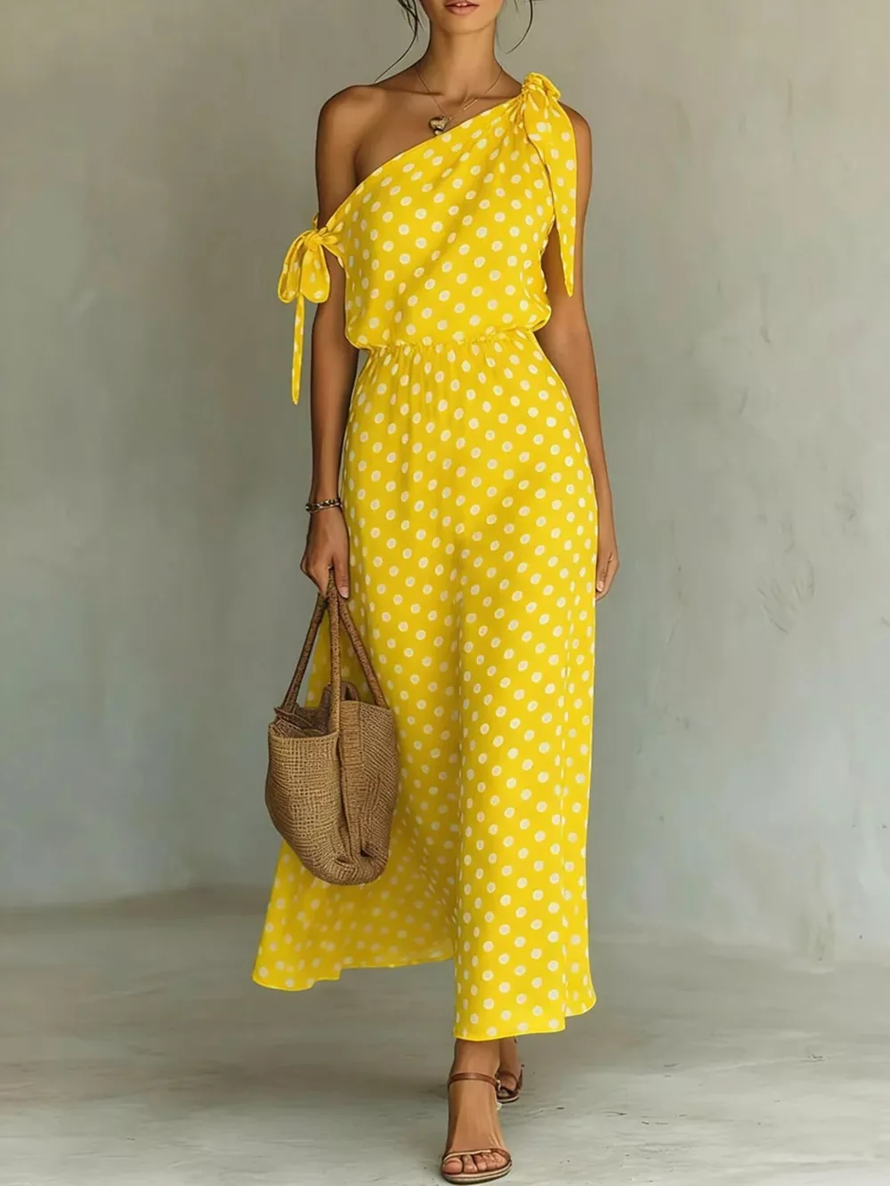 Full Size Polka Dot One-Shoulder Maxi Dress with Tie Details Plus Size, image 9
