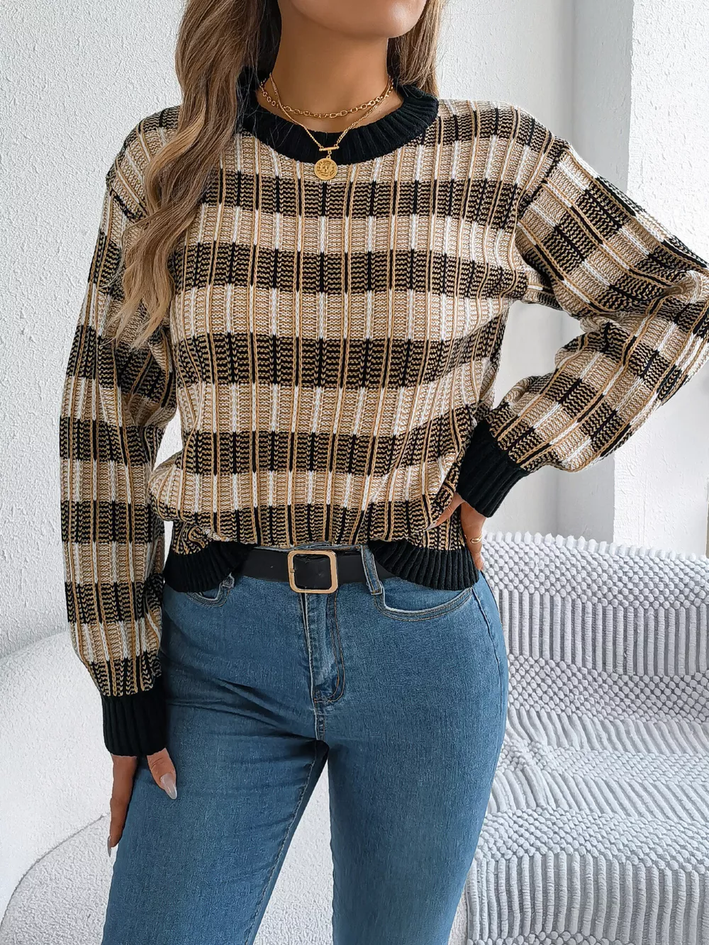 Striped Round Neck Long Sleeve Sweater, image 8