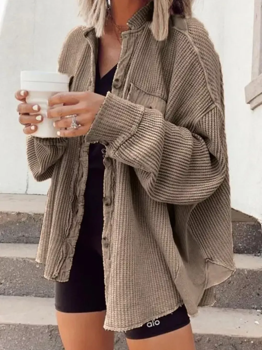 Oversized Waffle Knit Button-Up Jacket, image 13