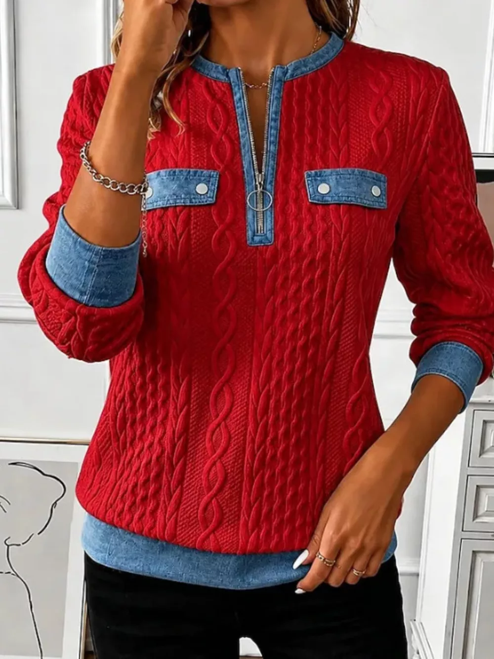 Full Size Denim Contrast Trim Quarter Zip Texture Sweatshirt Plus Size, image 3
