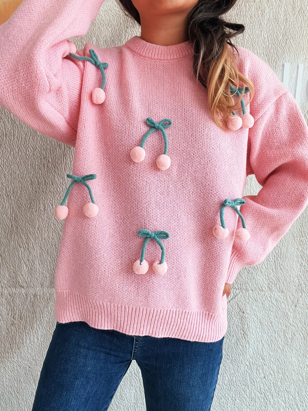 Cherry Round Neck Long Sleeve Sweater, image 13