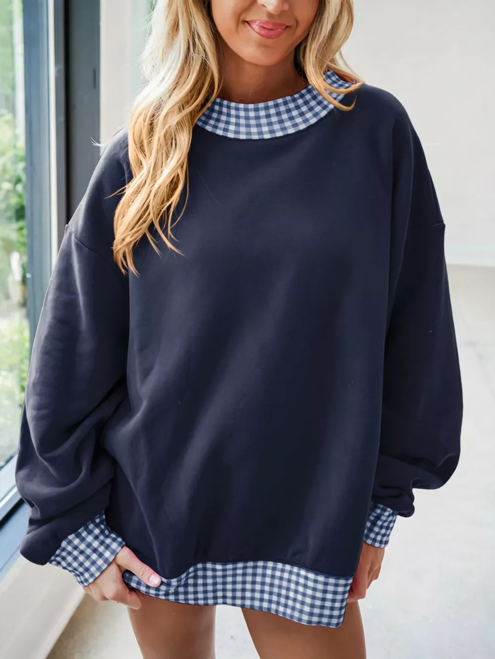 Gingham Trim Dropped Shoulder Sweatshirt, image 6