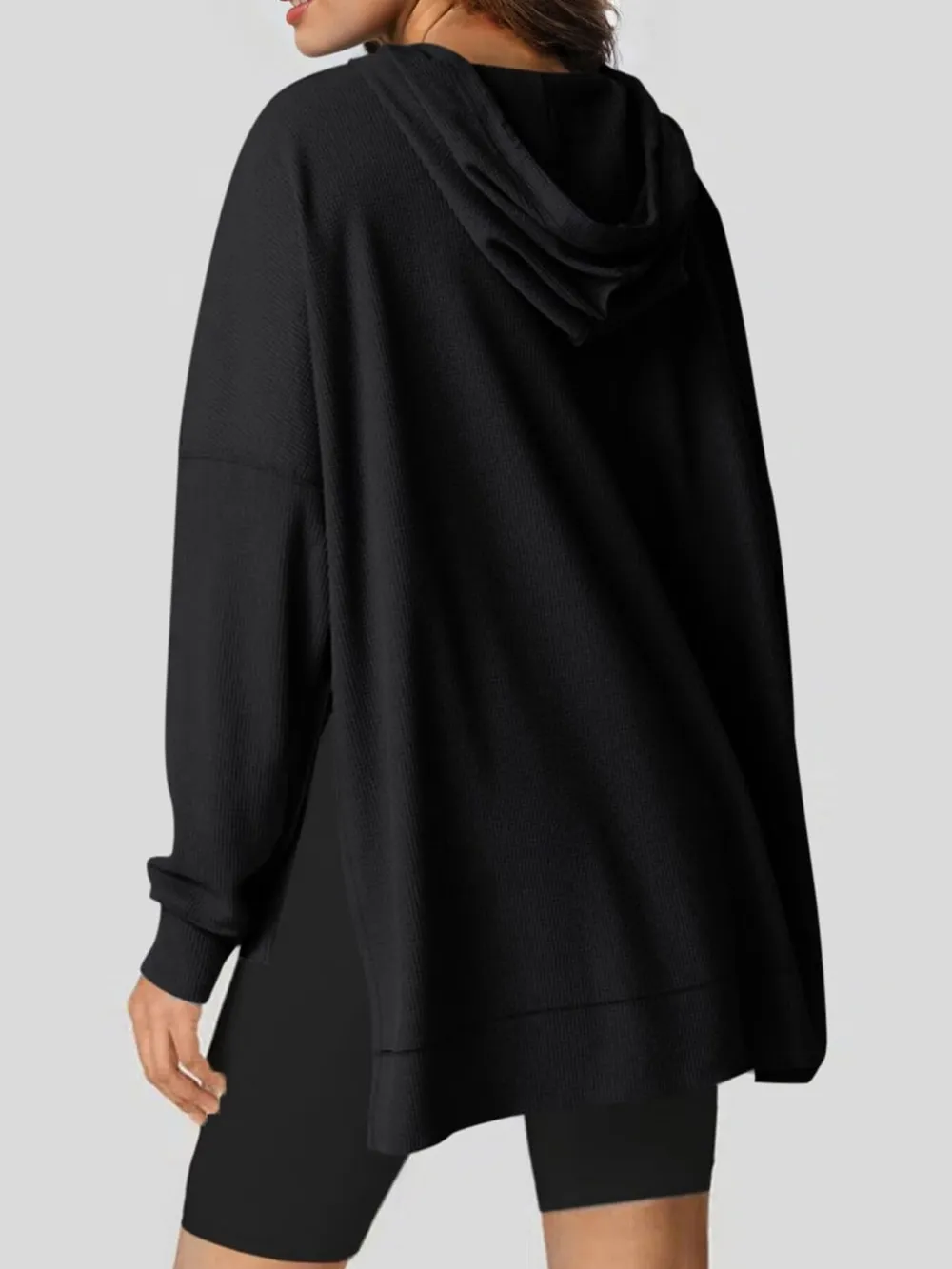 Slit Drawstring Waffle Knit Hoodie, image 8