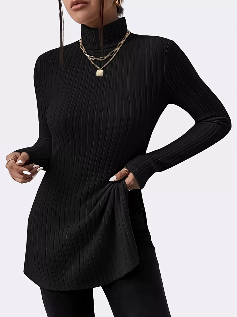 Plus Size Slit Ribbed Turtleneck Long Sleeve T-Shirt, image 3