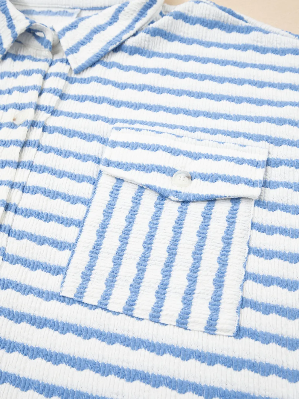 Stripe Half Button Collared Chest Pockets Loose Fit Blouse, image 2
