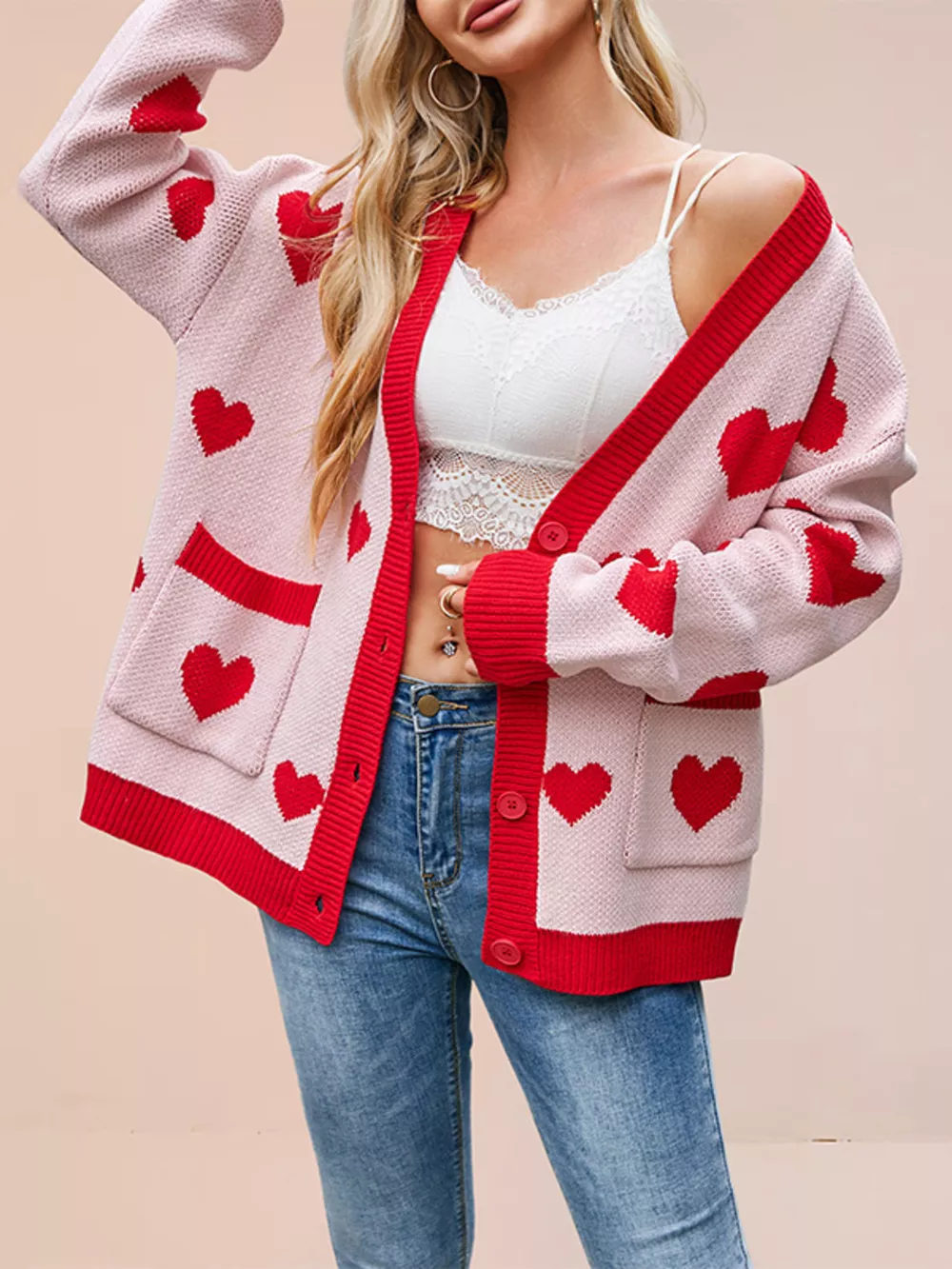 Heart Pattern V-Neck Button-Down Knit Cardigan, image 2