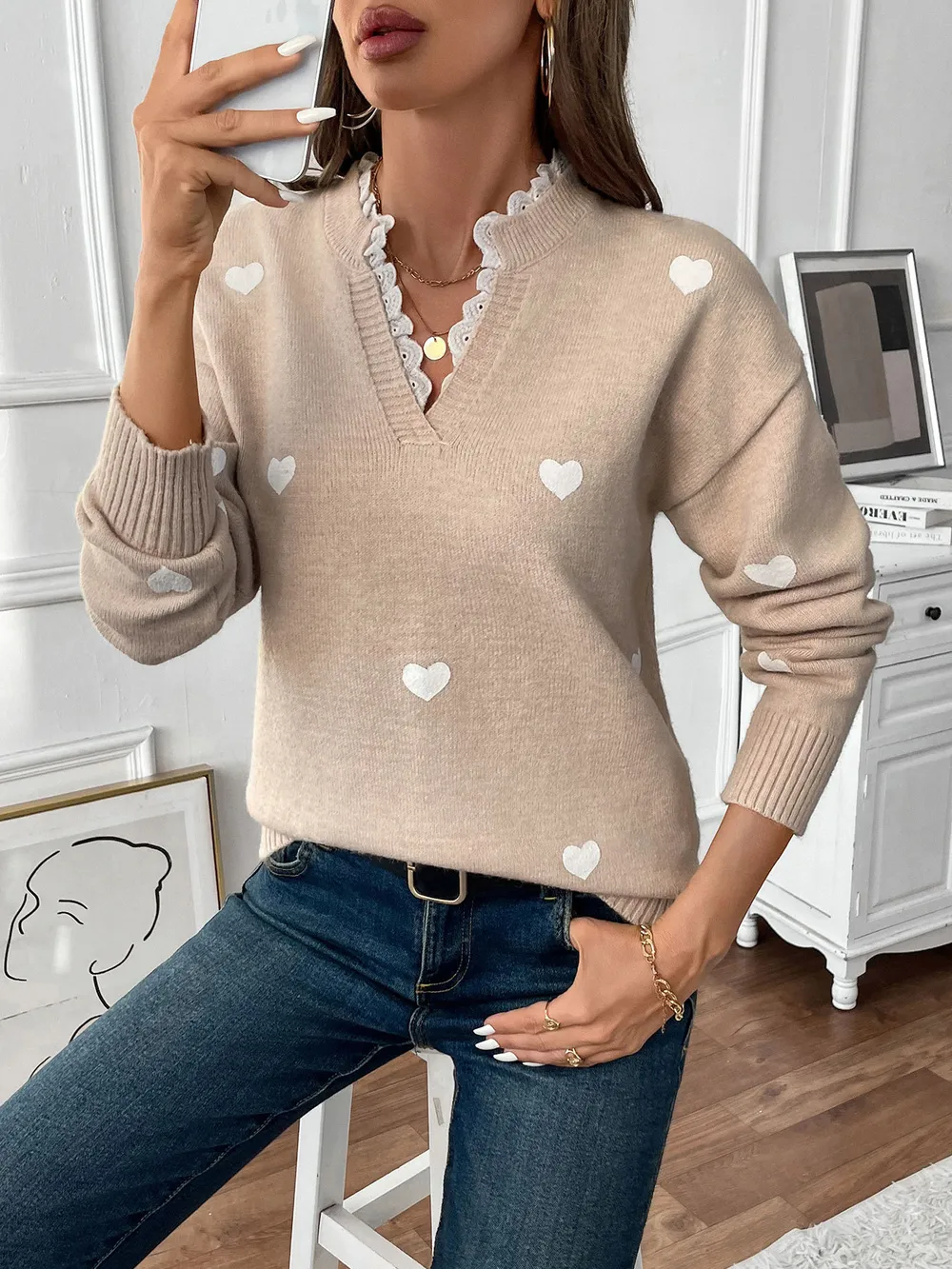 Heart V-Neck Long Sleeve Sweater, image 2