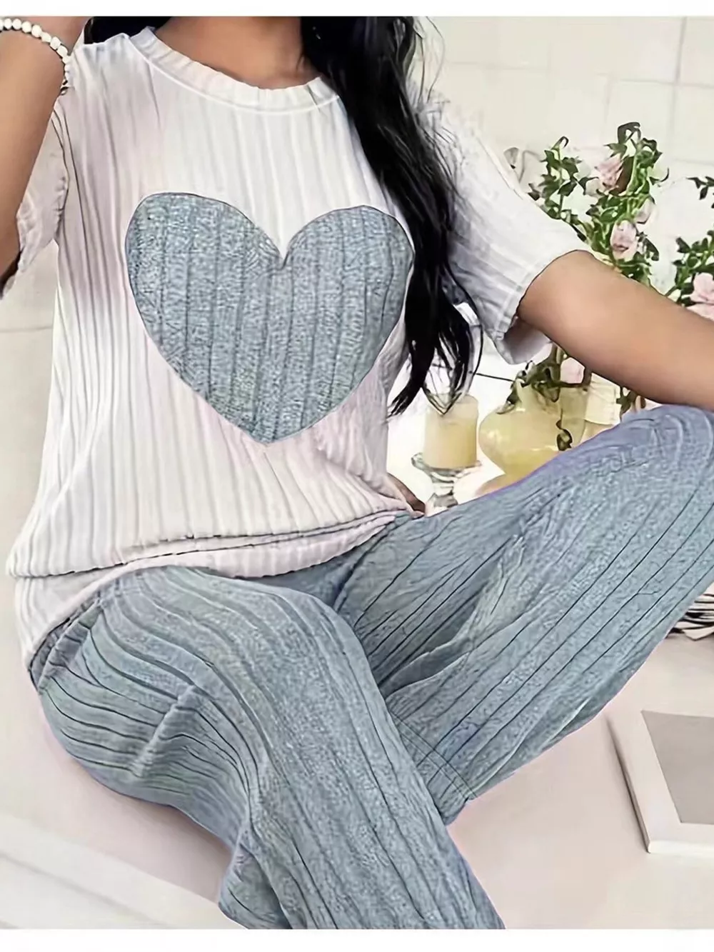 Heart Ribbed Knit Top and Pants Lounge Set, image 7