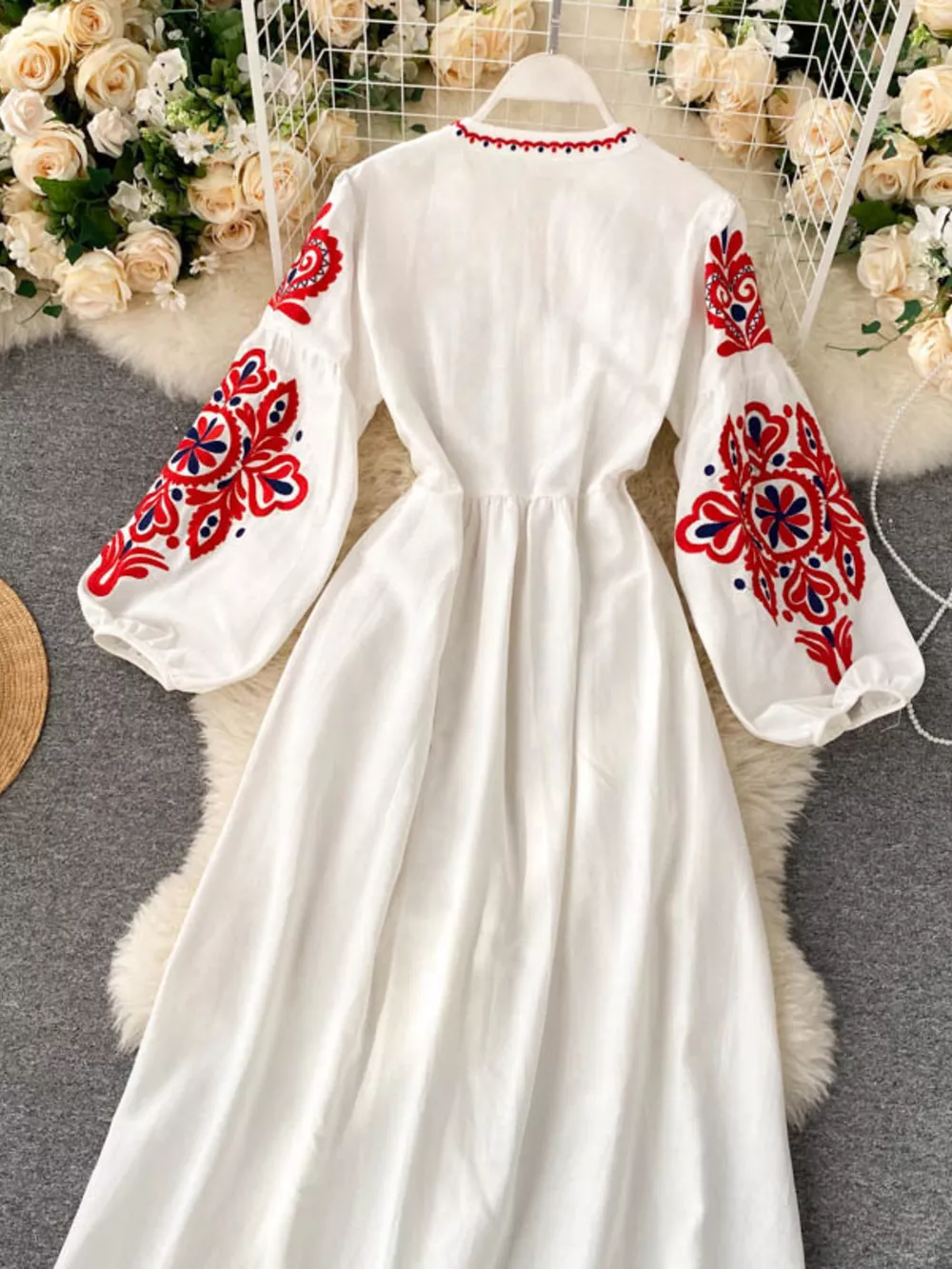 Embroidered Tie Neck Long Sleeve Dress, image 3