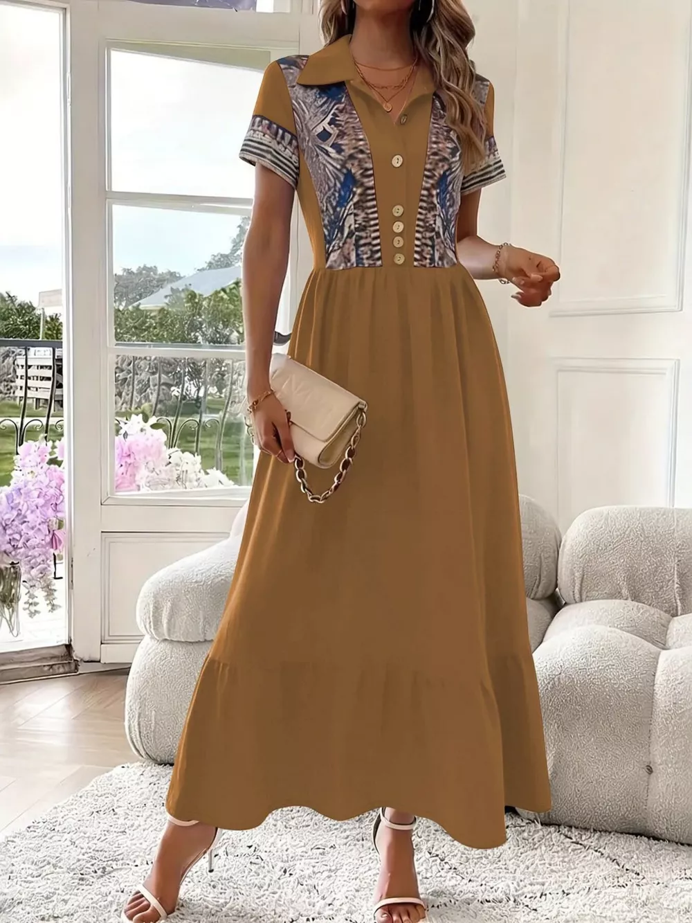 Printed Button-Front Maxi Dress, image 5
