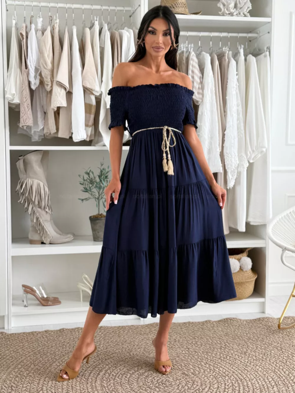 Off Shoulder Smocked Tiered Midi Dress, image 7