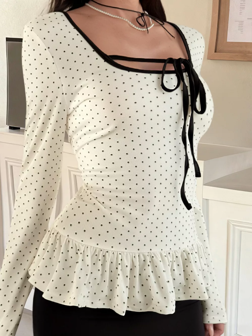 Polka Dot Ruffle Trim Long Sleeve T-Shirt, image 2