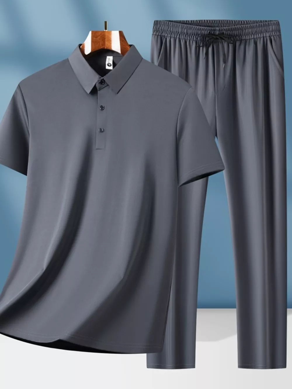 Men's Plus Size Button Detail Short Sleeve Top and Pants Set, image 2