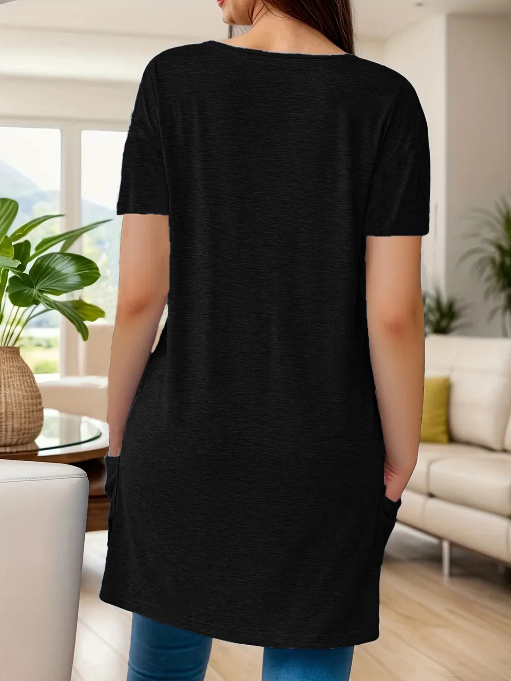 Full Size V-Neck Pocket Front Asymmetric Hem T-Shirt Plus Size, image 6