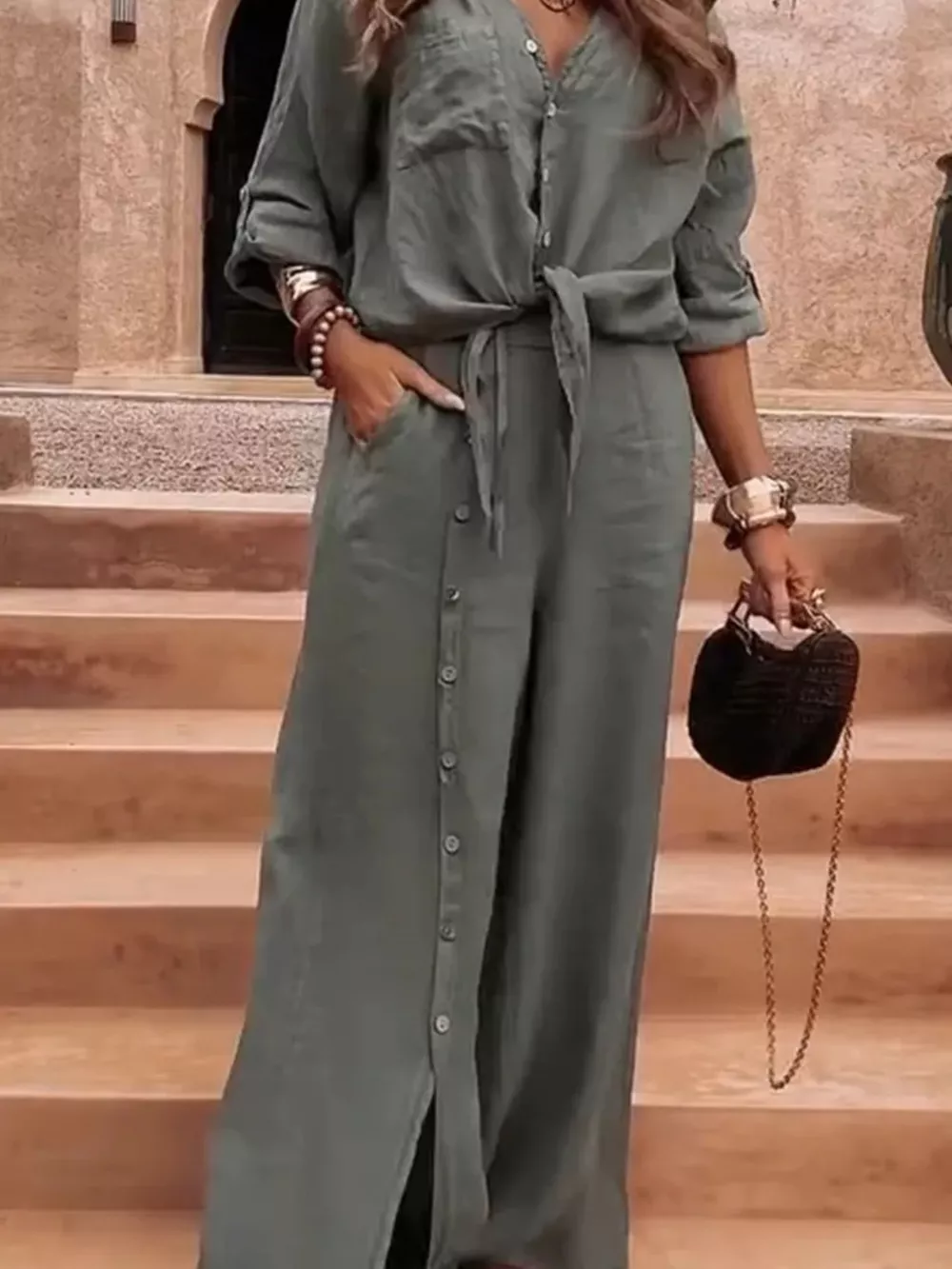 Full Size Tie-Front Shirt and Button-Down Wide-Leg Pants Set Plus Size, image 8