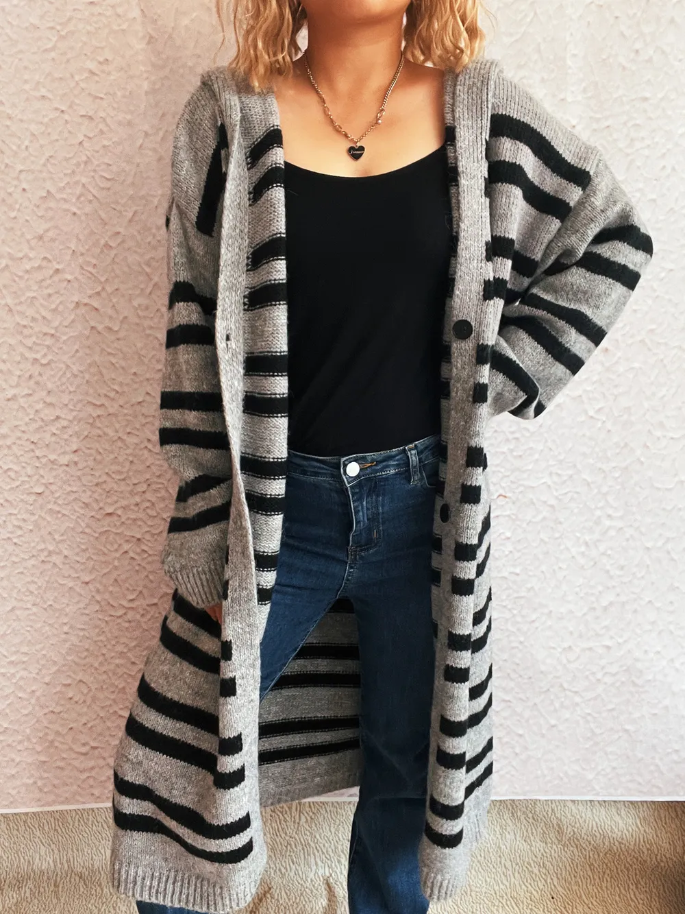 Striped Open Front Hooded Cardigan, image 14