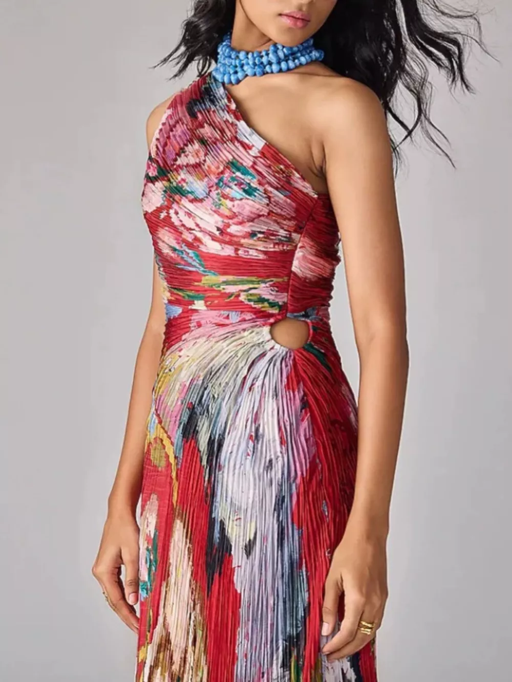 One-Shoulder Pleated Floral Maxi Dress, image 3