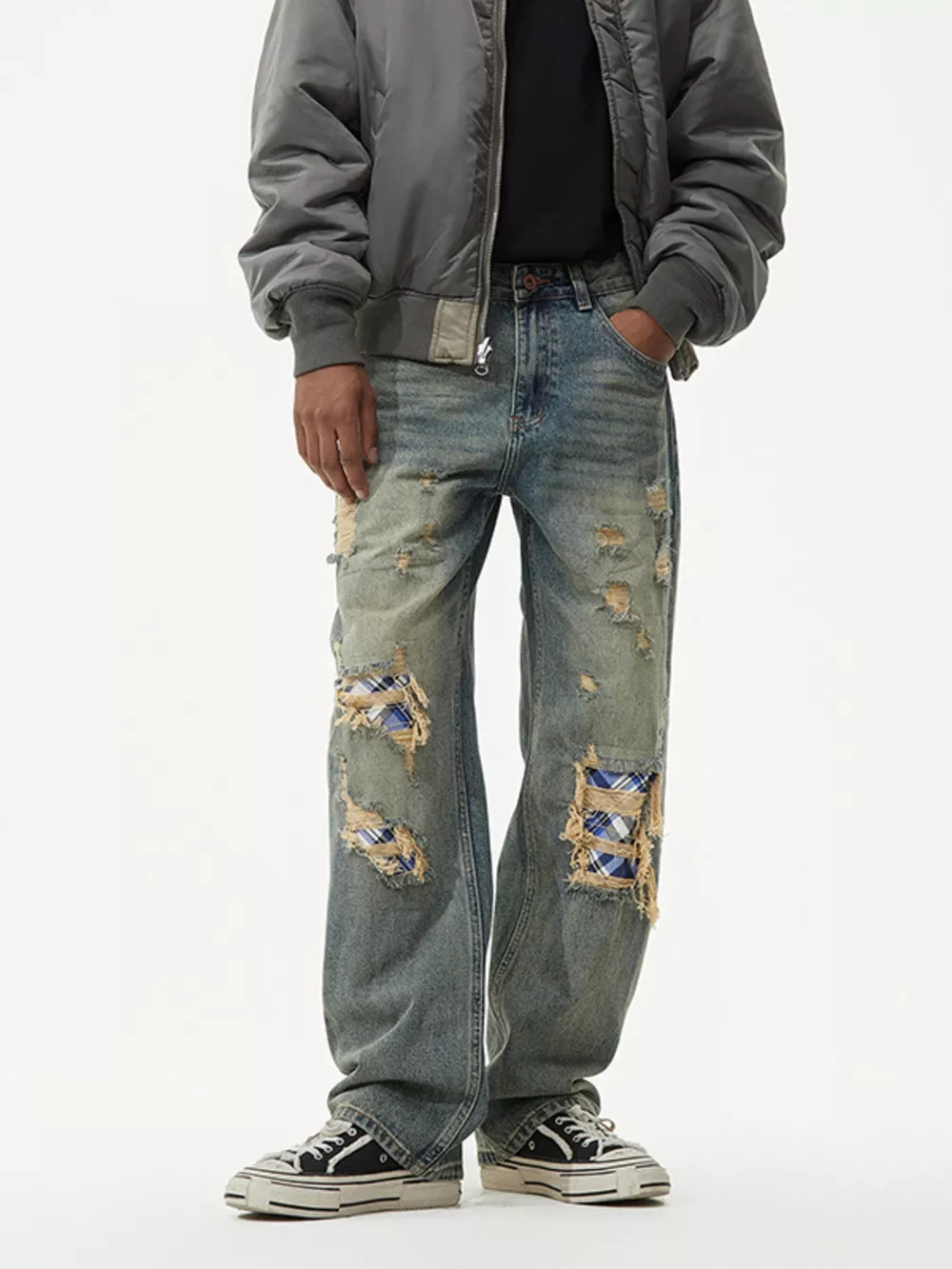Men's Distressed Plaid Patch Wide Leg Jeans, image 5