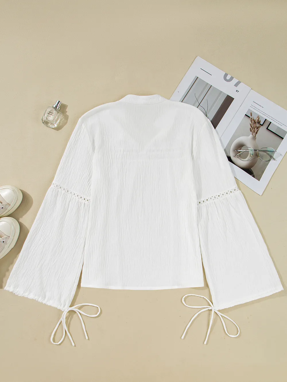 Drawstring Puff Sleeve Tie Neck Blouse, image 2
