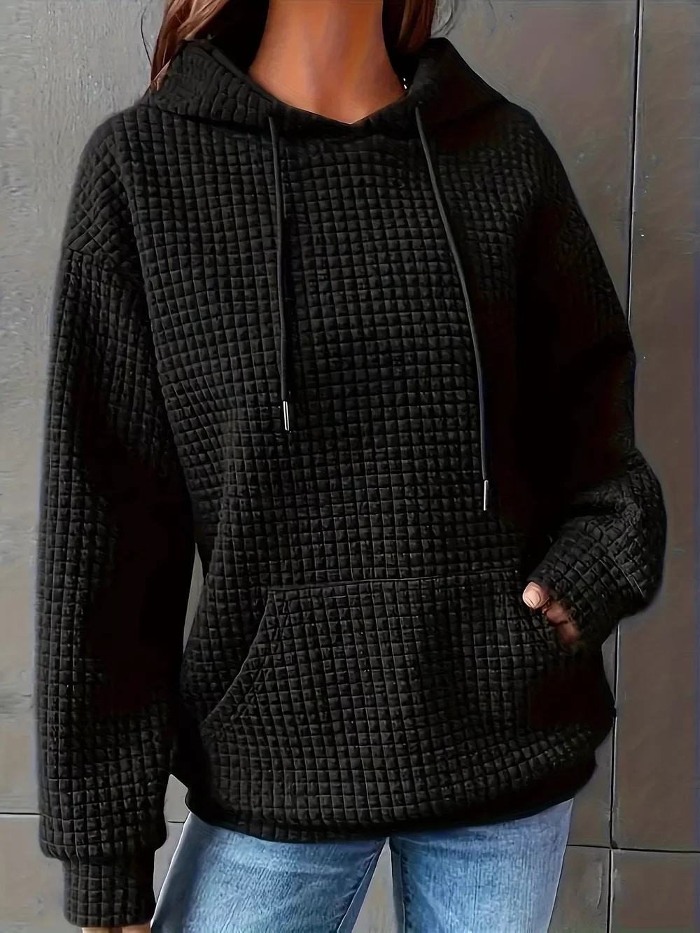 Textured Knit Drawstring Hoodie, image 2