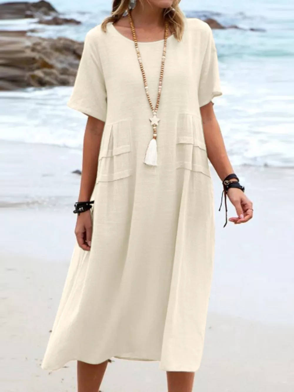 Full Size Casual Linen Blend Midi Dress Plus Size