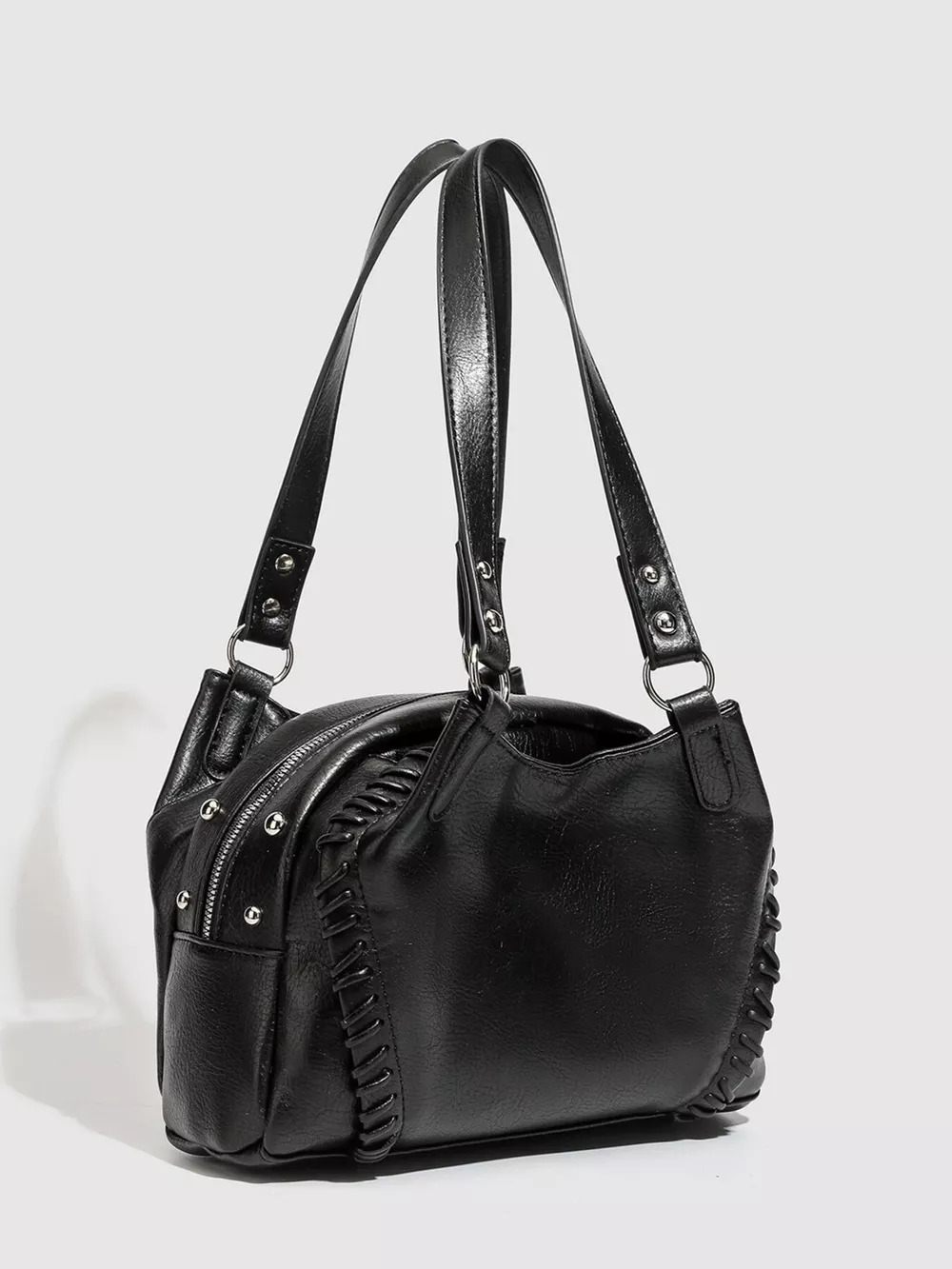 PU Leather Shoulder Bag with Woven Detail and Stud Accents