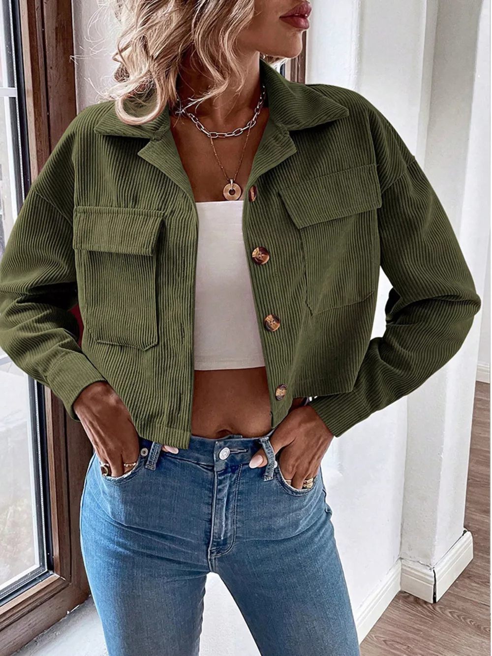 Cropped Corduroy Button-Down Jacket, image 11