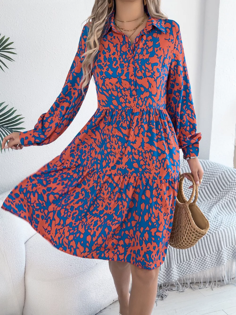 Printed Collared Neck Long Sleeve Dress, image 2