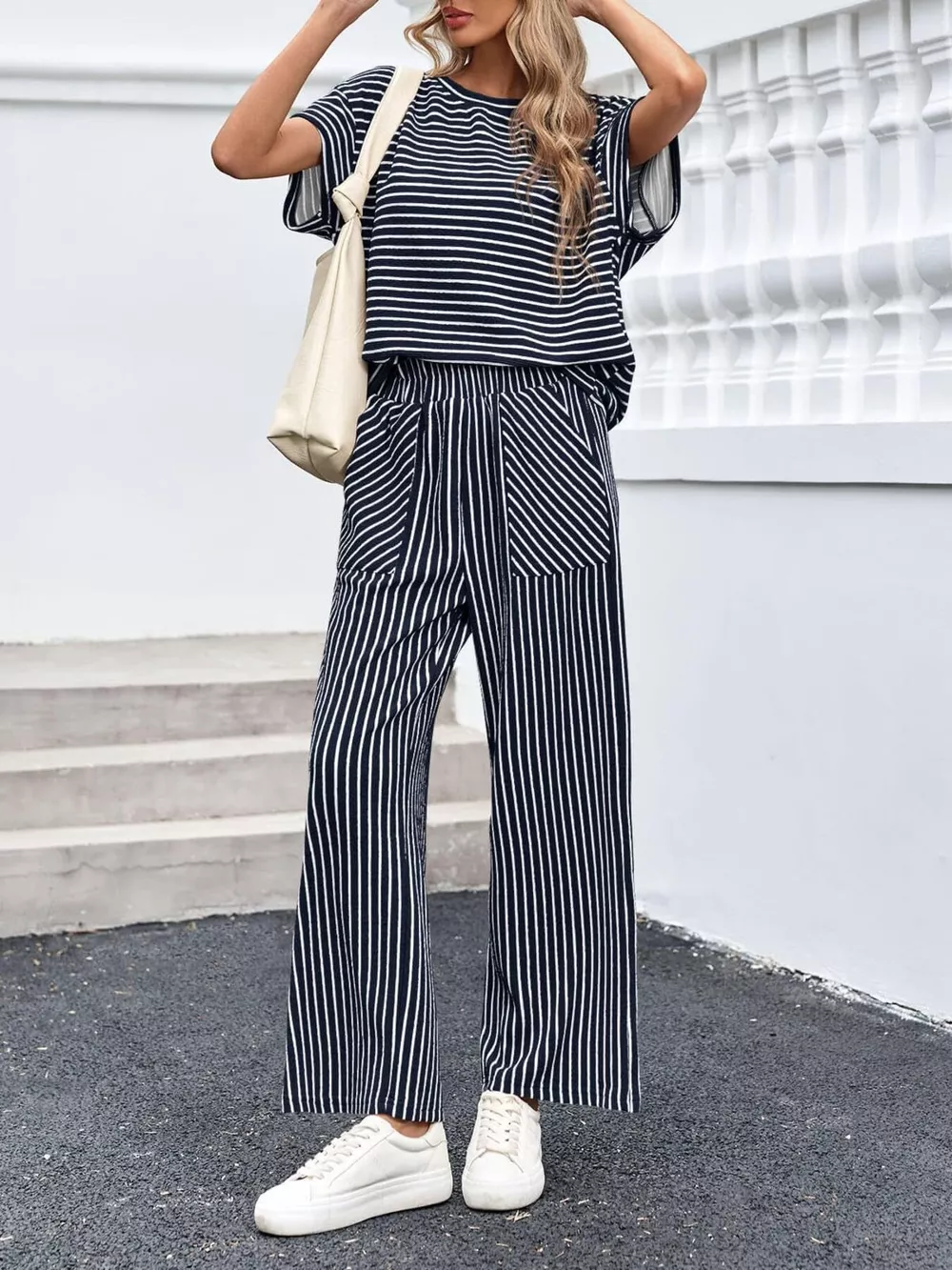 Casual Striped Short Sleeve Top and Wide Leg Pants Two-Piece Set, image 18