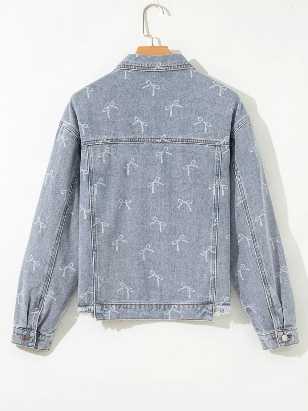 Bow Knot Print Light Wash Raw Hem Denim Jacket, image 2