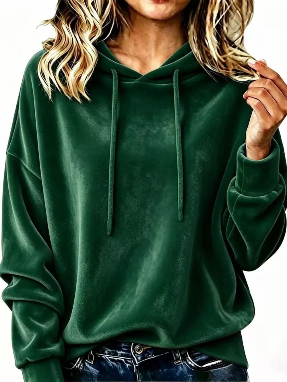 Full Size Drawstring Velvet Long Sleeve Hoodie Plus Size, image 5