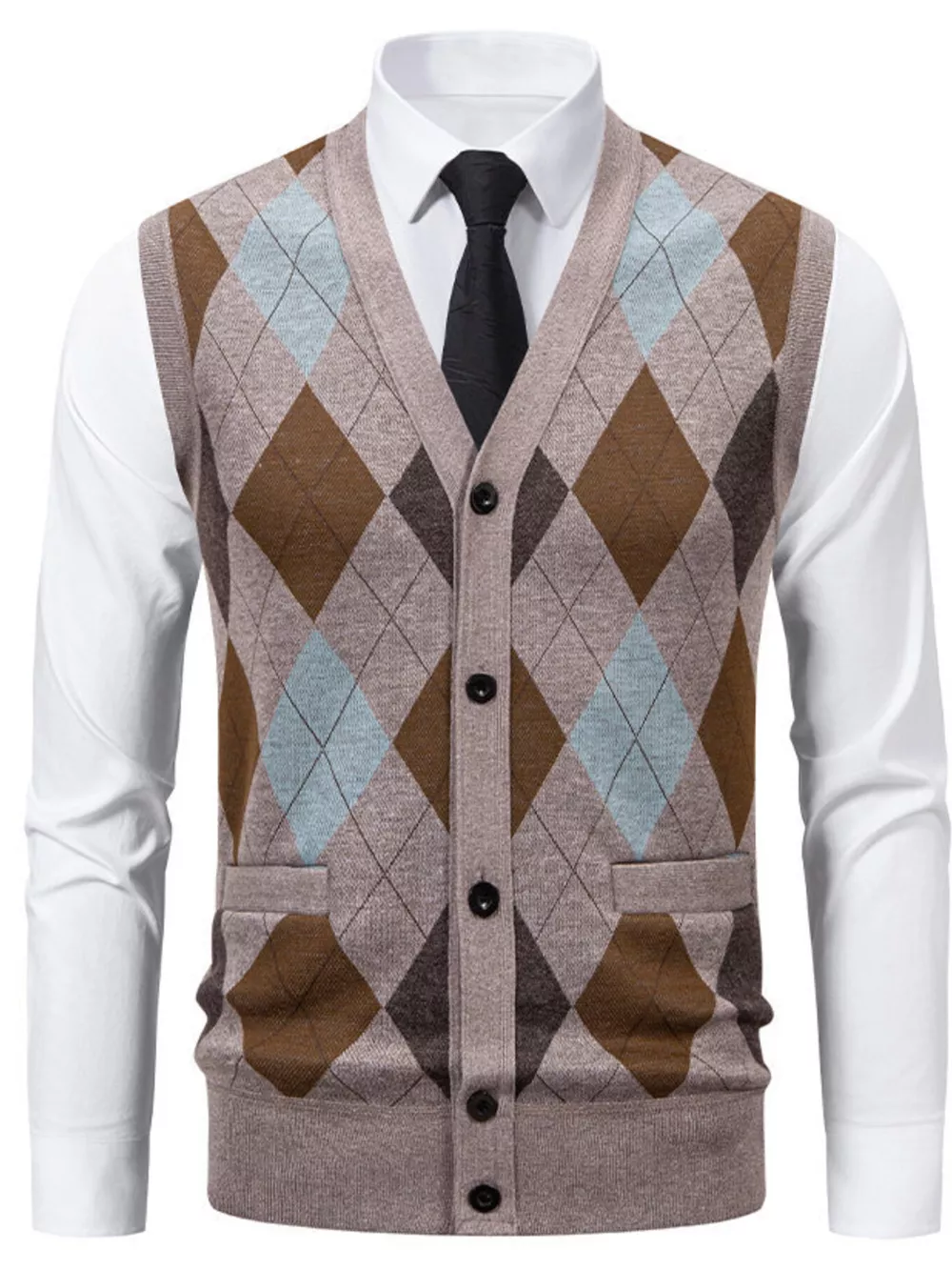 Men's Plus Size Argyle Pattern V-Neck Button-Down Cardigan Vest, image 3