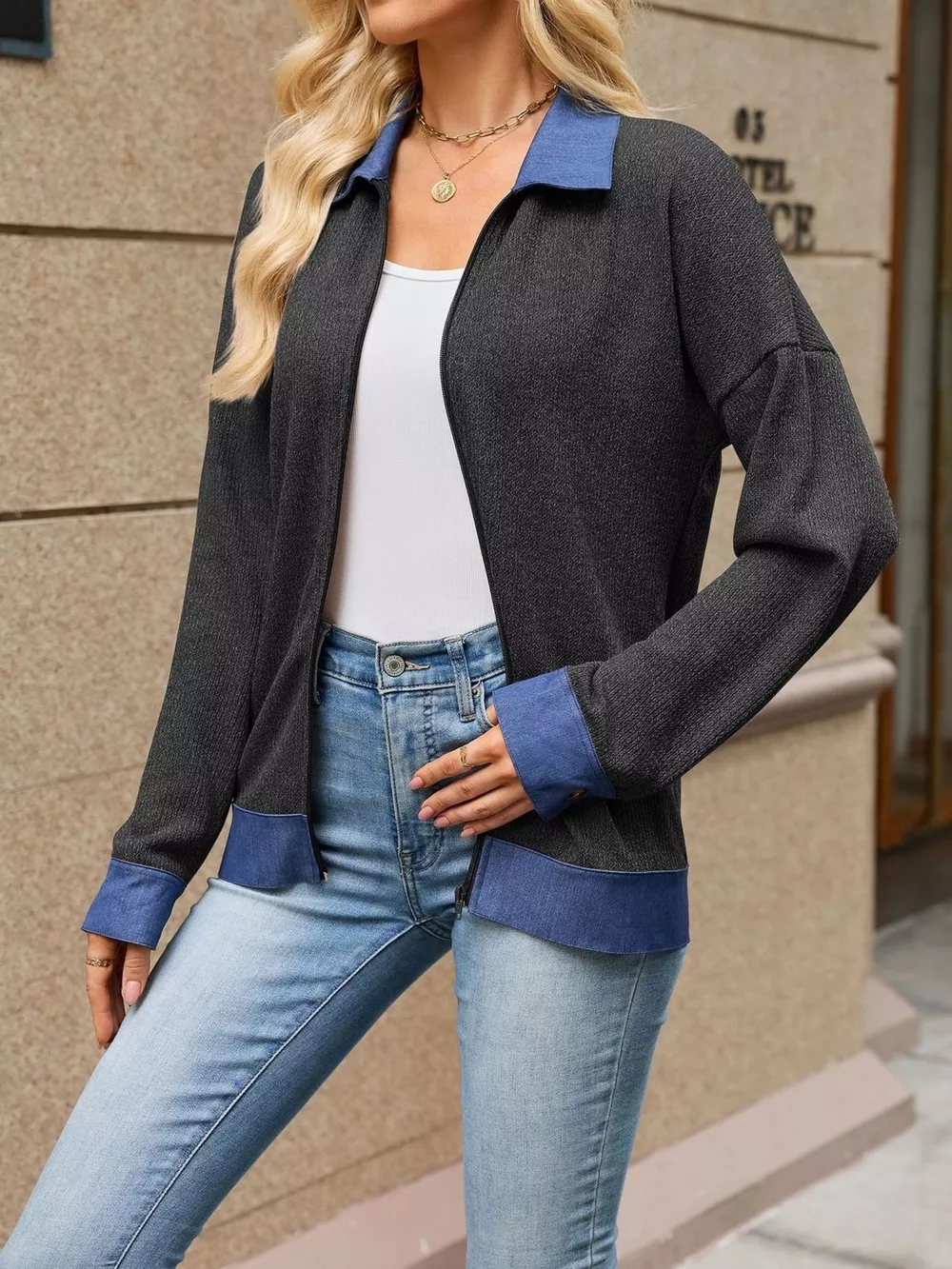 Contrast Denim Collar Zip Up Outerwear, image 9